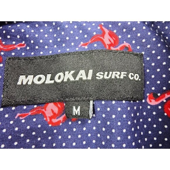 Molokai Medium Men Navy White Polka Dots Flamingo Short Sleeve Button Down Shirt - Picture 4 of 11